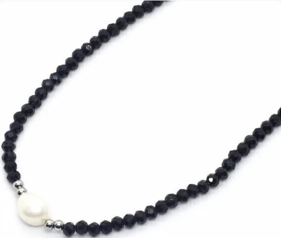 Collar con gancho y extension de acero quirurgico cristales negros con perla 40cm + 5cm